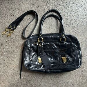 Coach Black Leather Satchel with Gold-Tone Hardware and Removable Strap